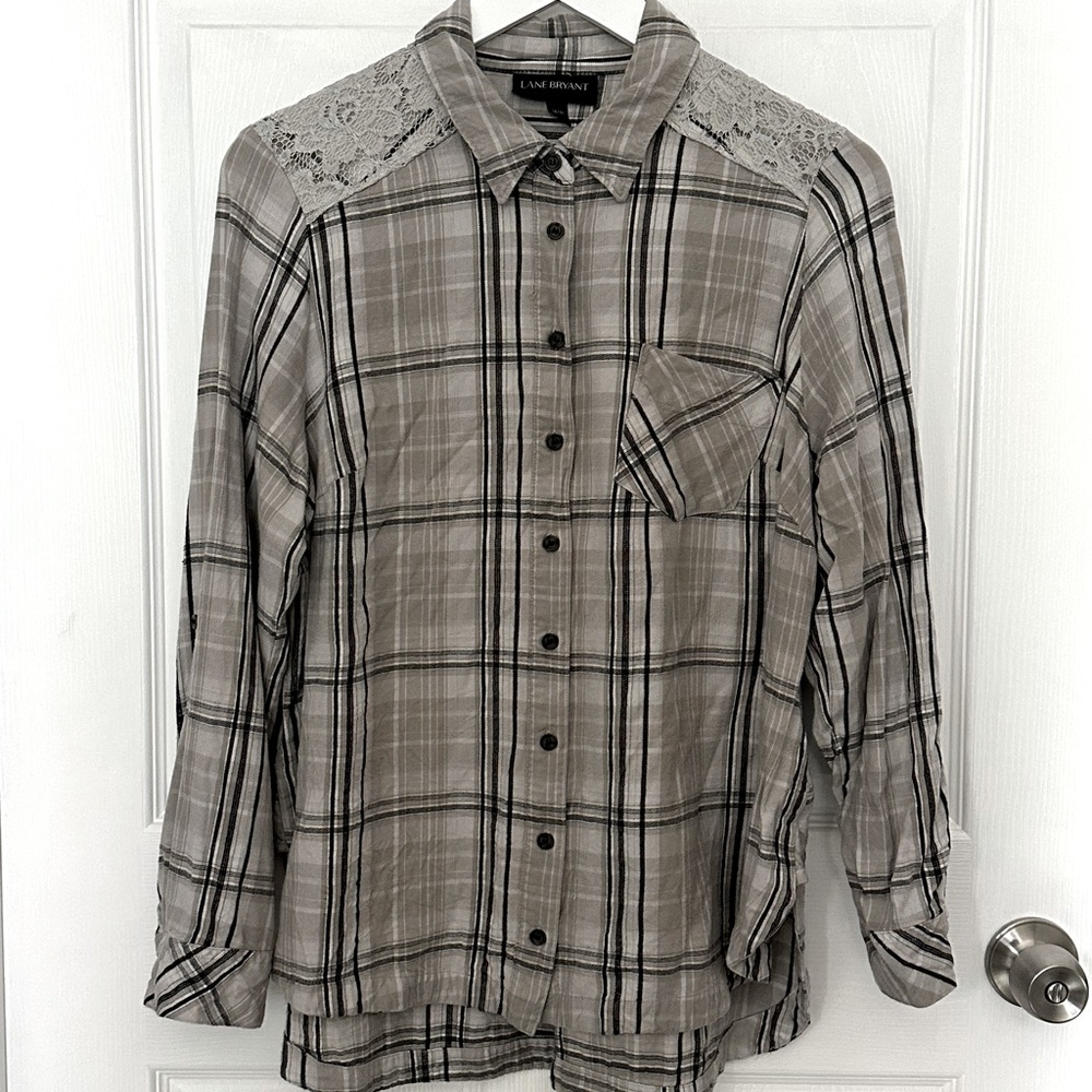 Lane Bryant Grey Plaid Button Down Shirt with Lace Detail